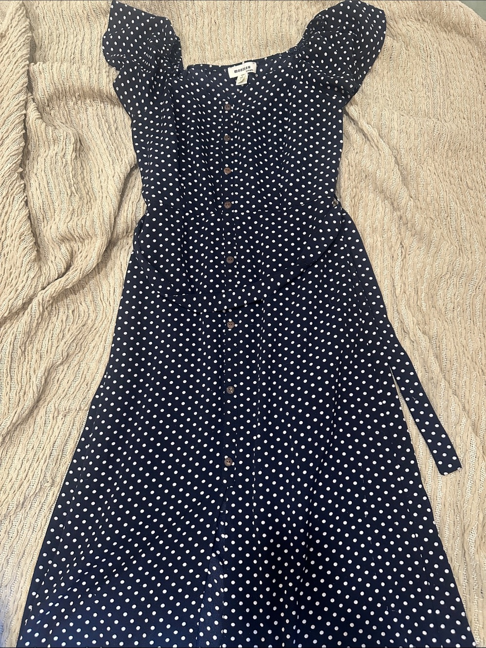 Monteau Navy and White Polka Dot Button-Front Midi Dress